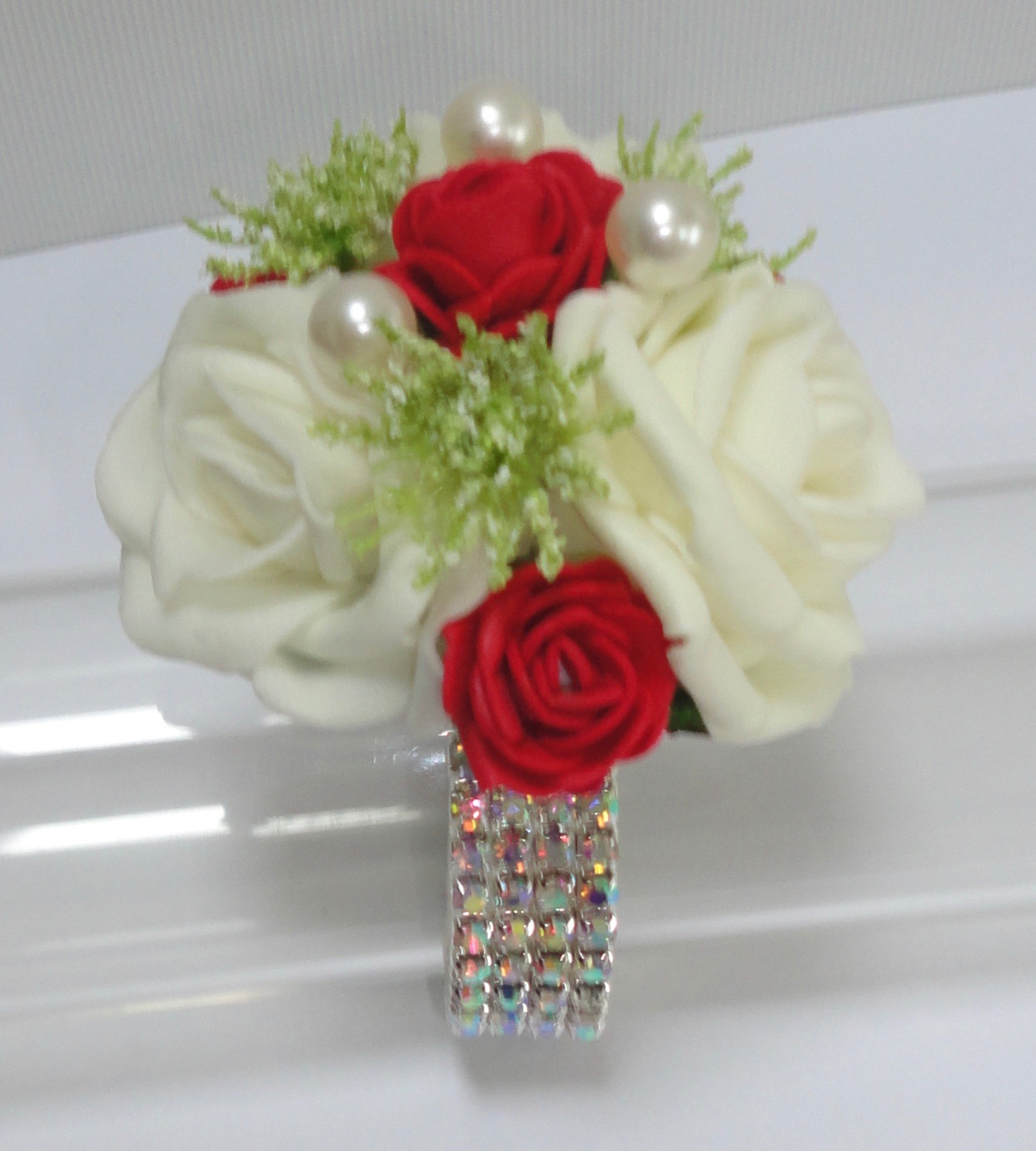 Small Ivory & Red Rose Wrist Corsage